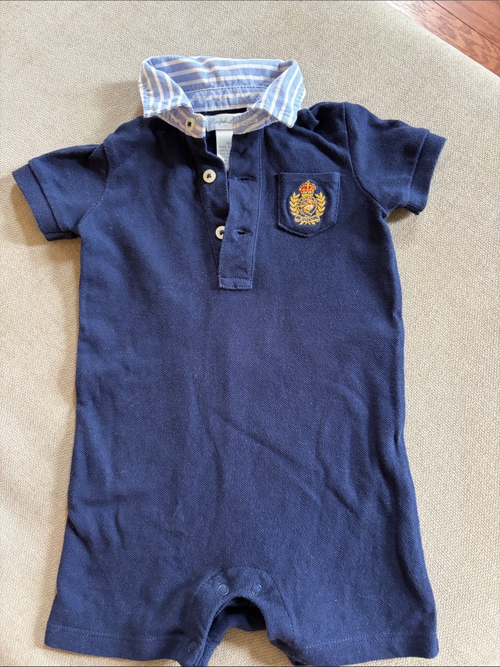 Ralph Lauren Navy Polo One-Piece with Crest and Striped Collar